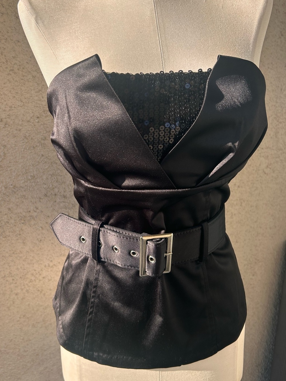 Papaya Black Satin Strapless Top with Wide Waist Belt with Silver-Tone Buckle